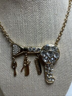 Gold-tone Rhinestone Hair Dryer Charm Necklace - Salon Tools Pendant